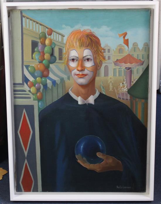 Noella Lammers (b.1915) Clown at a fairground, 27.5 x 19.5in.